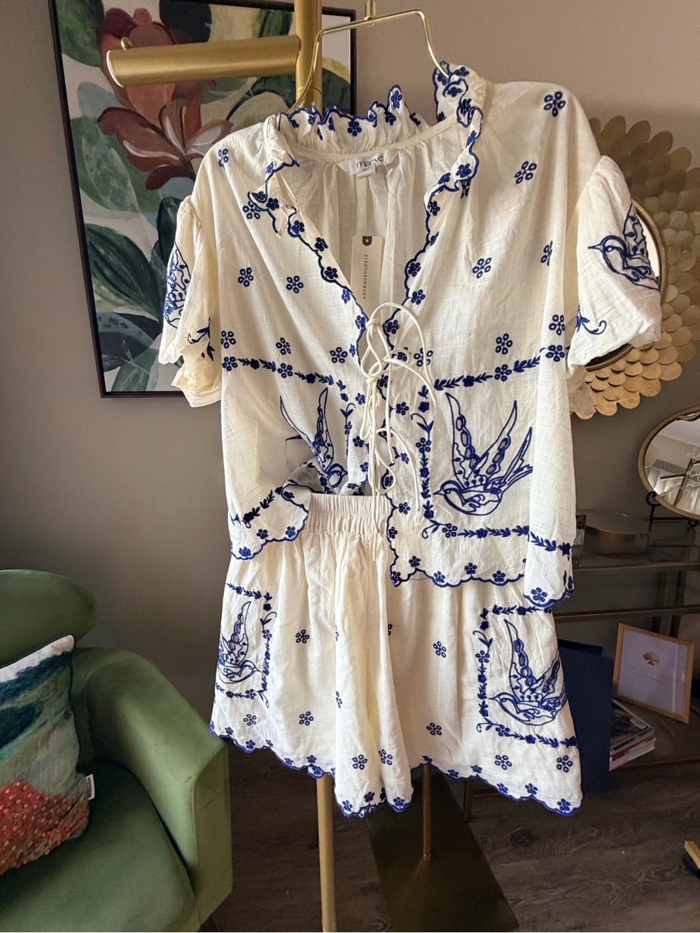 NWT Maeve Anthropologie Embroidered Bird Cotton Top Shorts Set Medium M - Picture 6 of 17